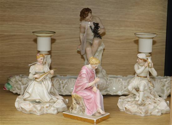 A Royal Worcester flower trough surmounted by a boy with a dog (probably after William Boynton Kirk) and three other items ,